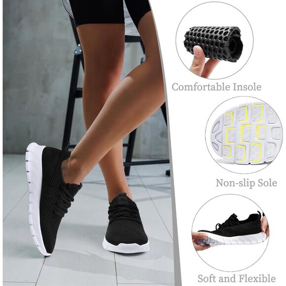 Women Black Running Tennis Walking Shoes Lightweight Slip On Workout Sneakers - Picture 7 of 7